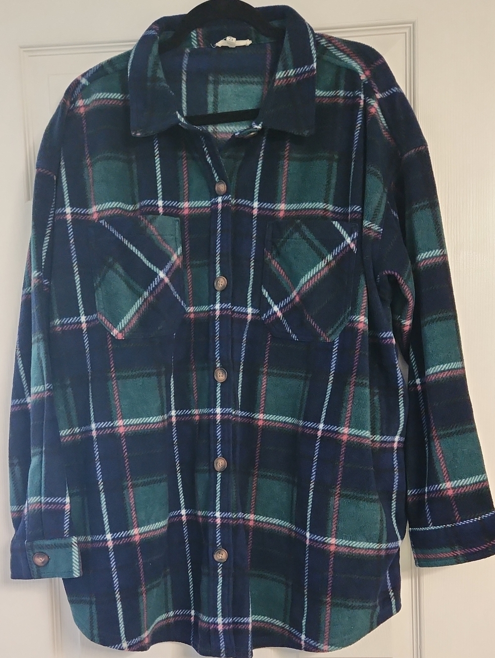 Maurices Navy and Green Plaid Button-Front Shirt Jacket